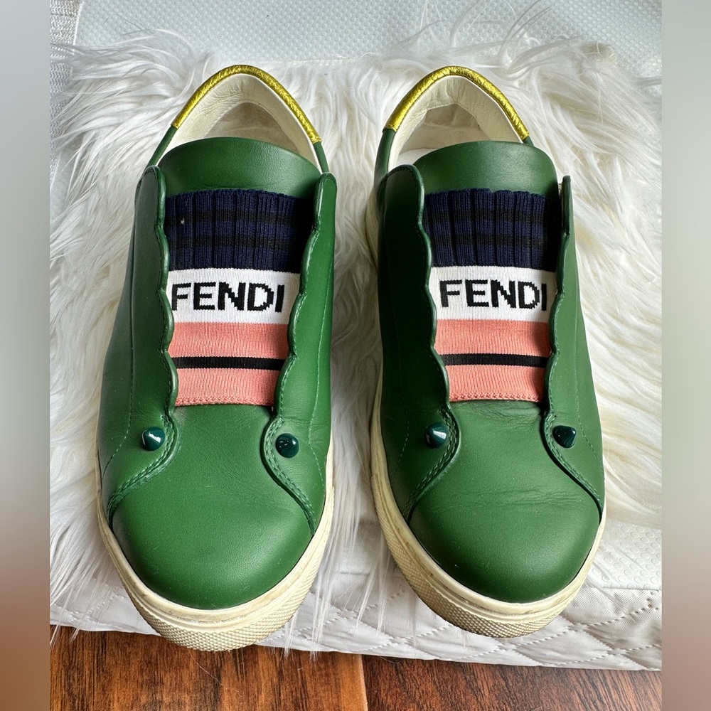 Fendi Green Leather Slip-Ons with Navy, Coral & White Knit Accents